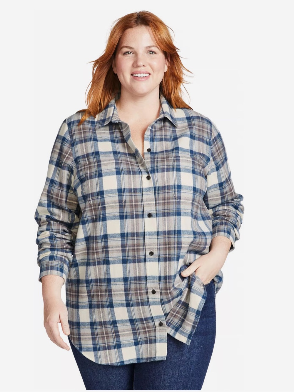 L.L. Bean Scotch Plaid Cotton Flannel Button Down Shirt, Tunic Indigo Tartan 1X